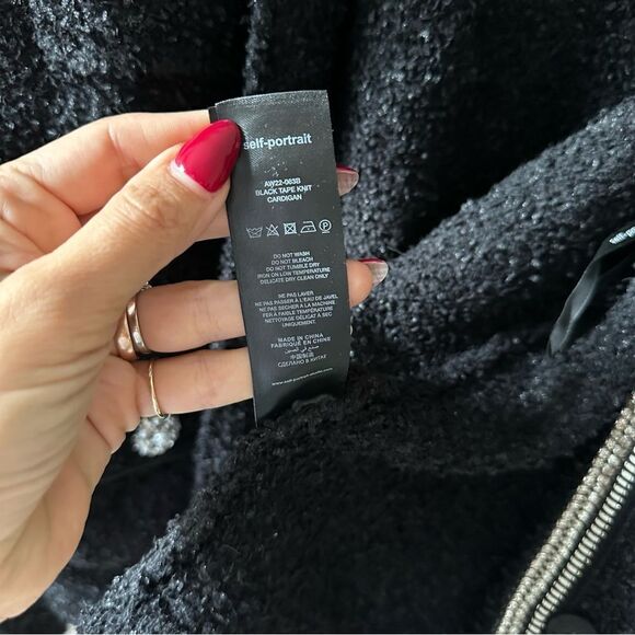 SELF-PORTRAIT Black Tape Knit Crystal-Embellished Bouclé Cardigan - Picture 11 of 13